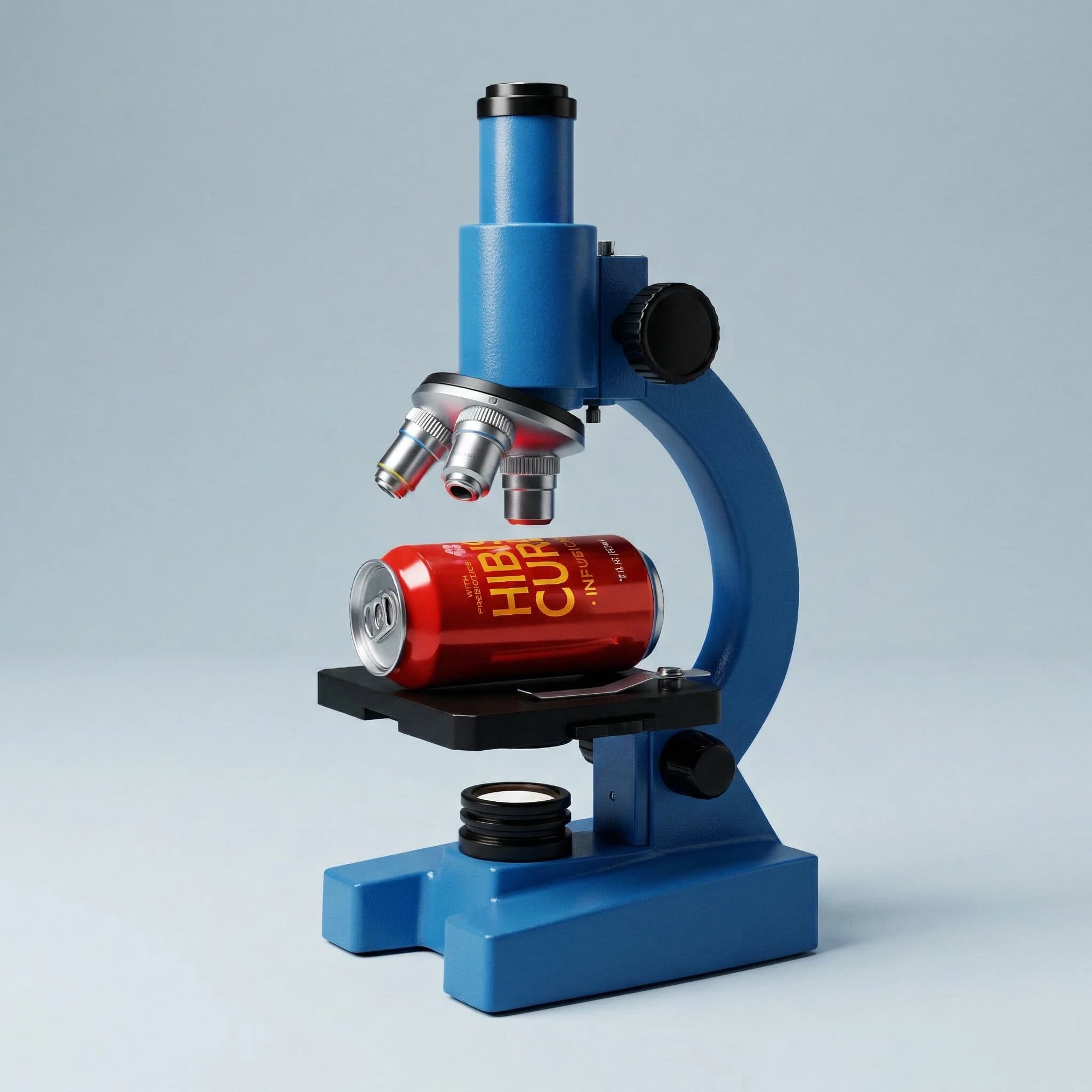 Product creative showing a blue microscope examining a red beverage can
